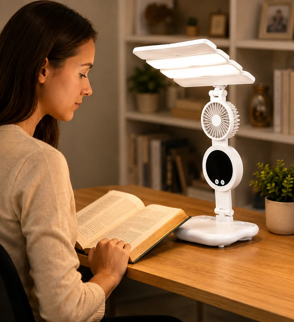 3 in 1 Rechargeable LED Desk Lamp with Fan & Phone Holder