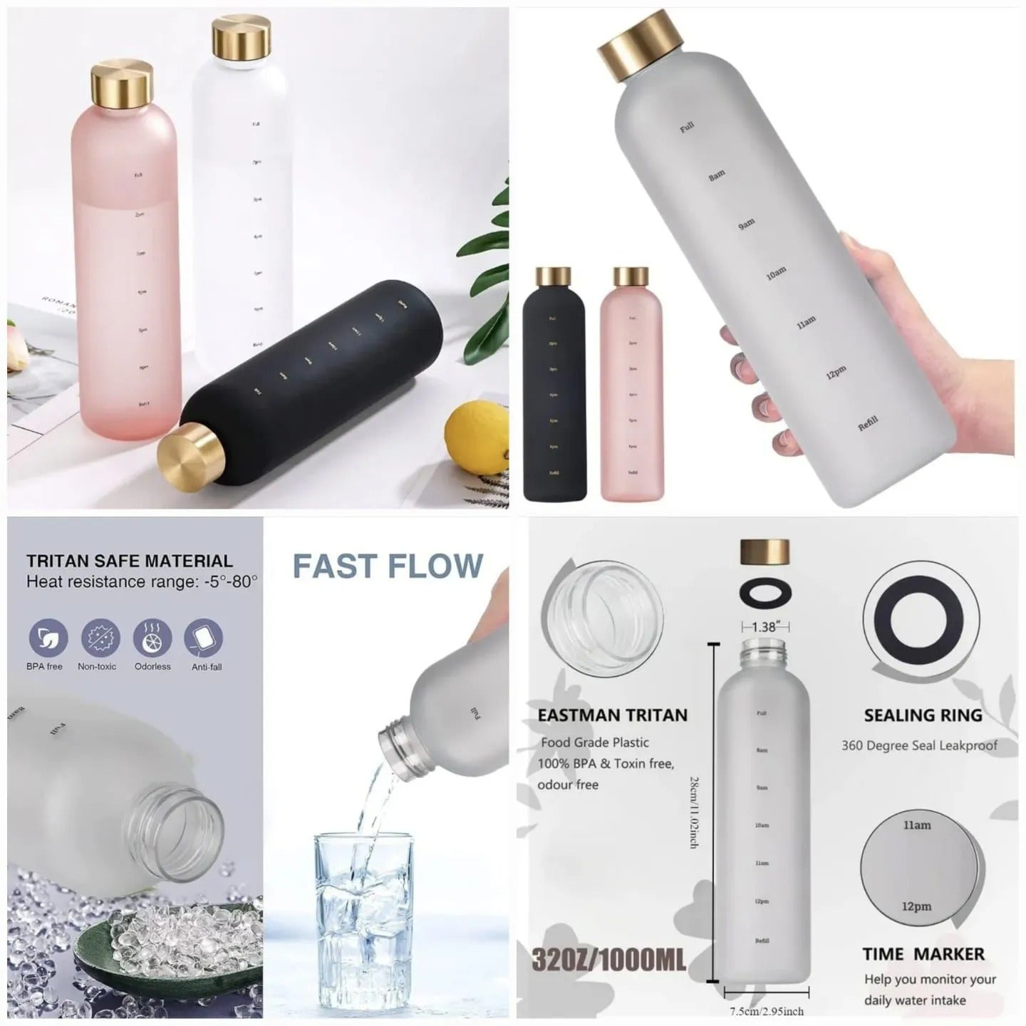 1L Time Marker Water Bottle – Motivational Sports Bottle