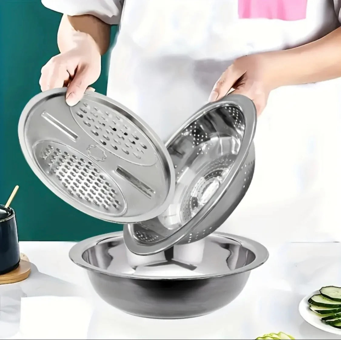 Stainless Steel 3 in 1 Colander Basin with Vegetable Slicer & Grater