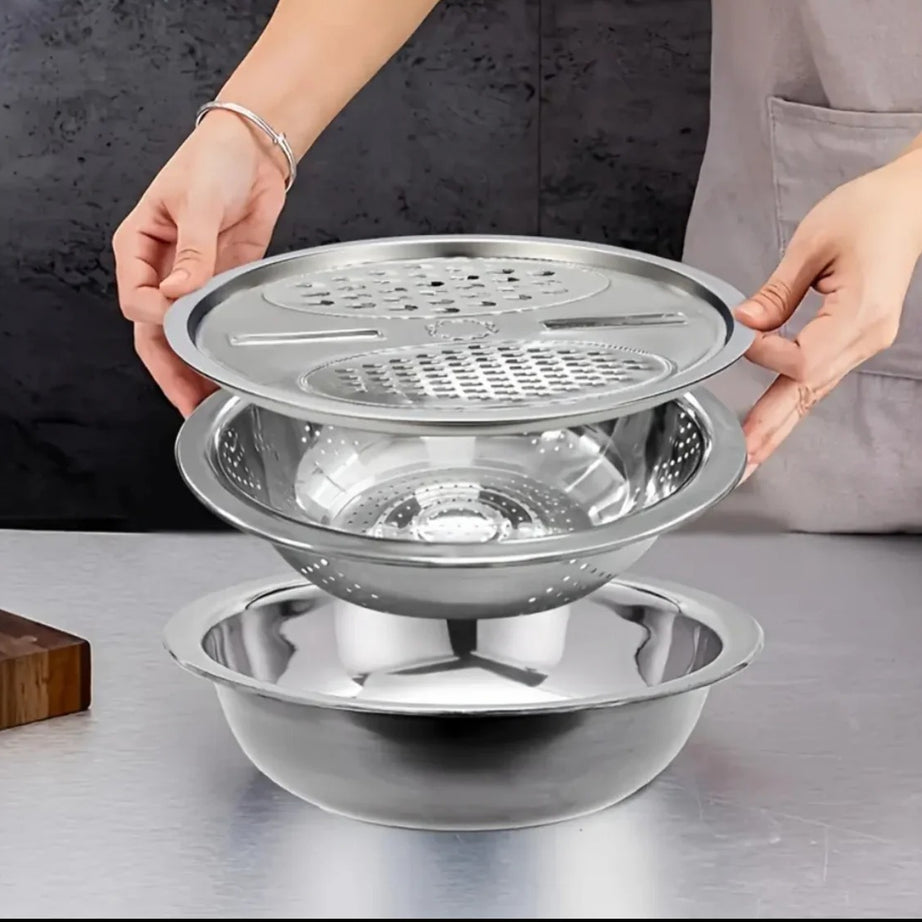 Stainless Steel 3 in 1 Colander Basin with Vegetable Slicer & Grater