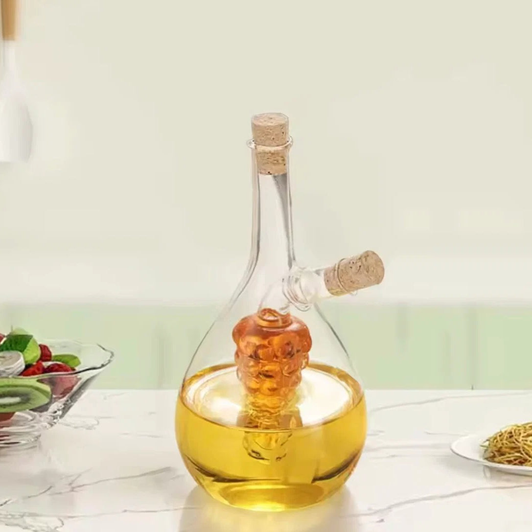 2 In 1 Transparent Glass Oil Bottle with Lid, Creative Double Mouth Glass Seasoning Oil Pot, 2 in 1 Kitchen Cruet Bottle with Cork Stopper