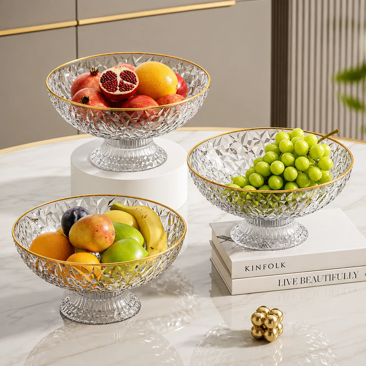 Luxury Crystal Pedestal Fruit Bowl with Gold Rim