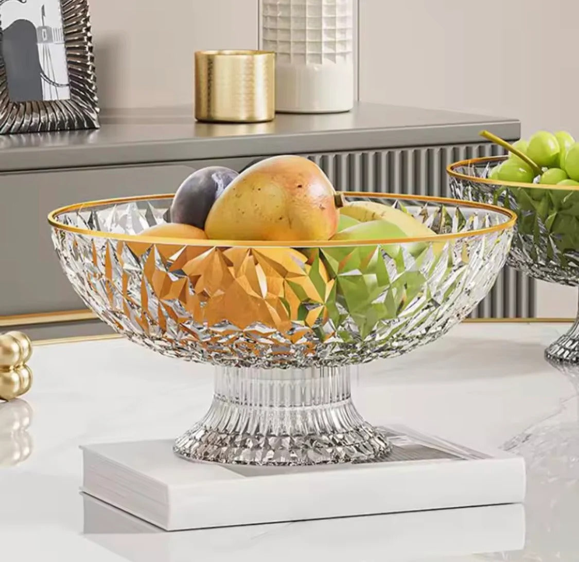 Luxury Crystal Pedestal Fruit Bowl with Gold Rim