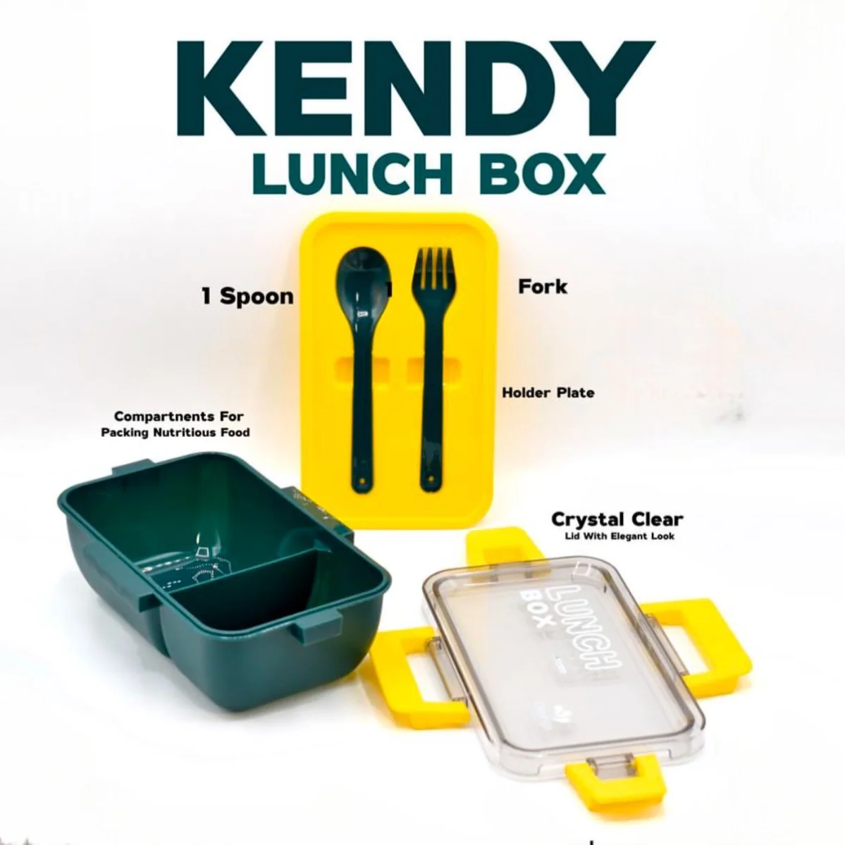 Kendy Portable Rectangle Lunch Box with Spoon & Fork, Crystal Clear Lid Kids School Lunch Box, Multipurpose Food Storage Container