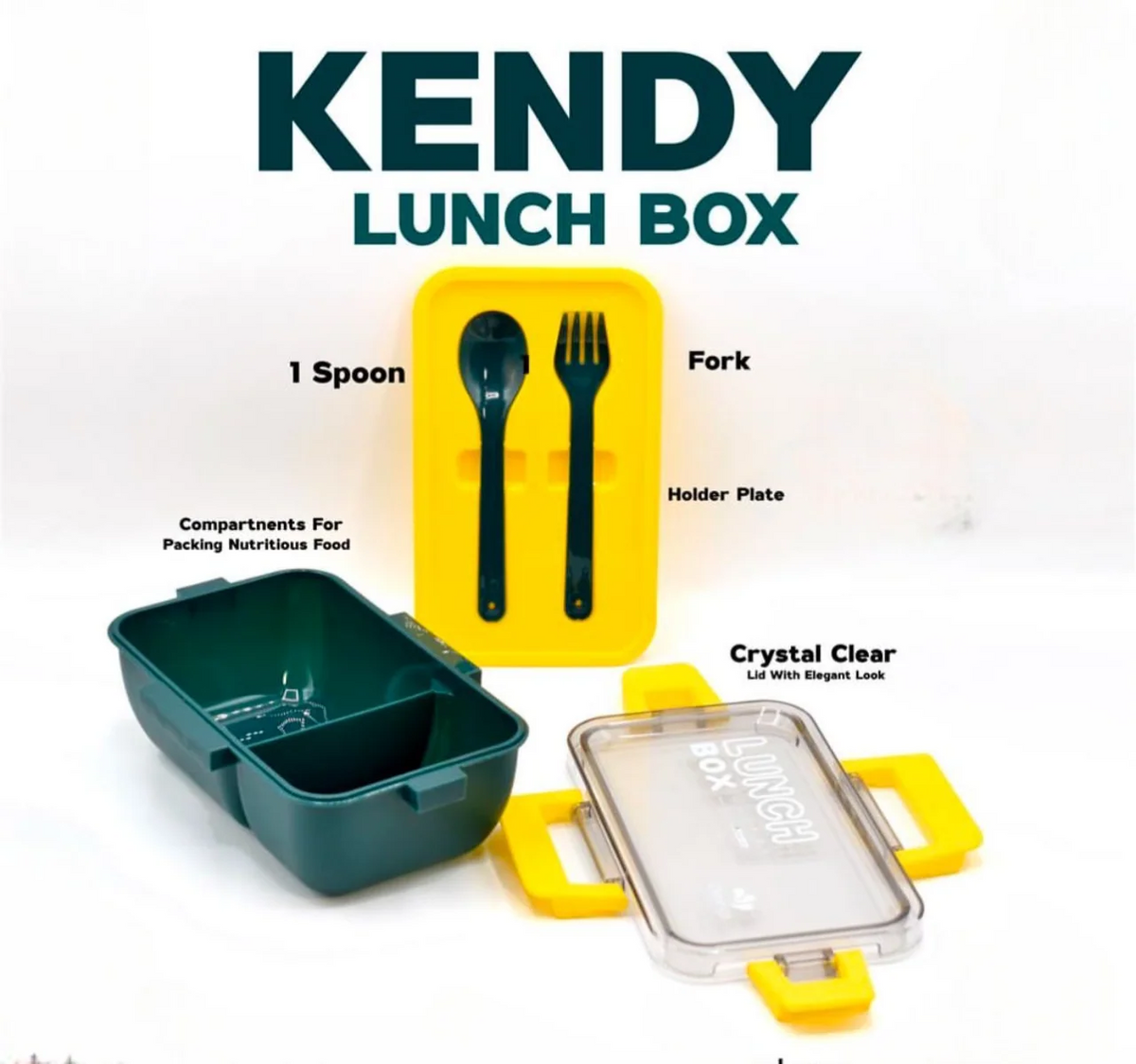 Kendy Portable Rectangle Lunch Box with Spoon & Fork, Crystal Clear Lid Kids School Lunch Box, Multipurpose Food Storage Container