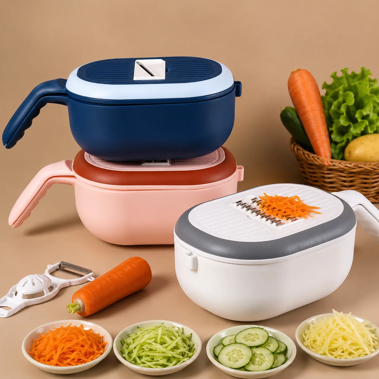 Multifunctional Vegetable Slicer with Drain Basket & Storage Container