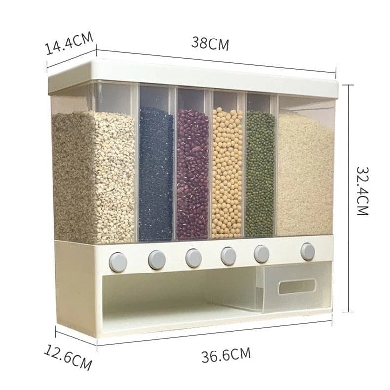 10KG Wall-Mounted Cereal Dispenser – 6-Compartment Dry Food Storage Container