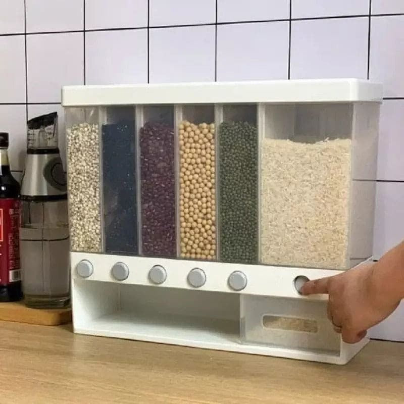 10KG Wall-Mounted Cereal Dispenser – 6-Compartment Dry Food Storage Container