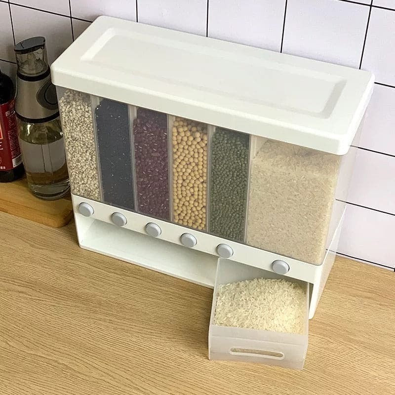 10KG Wall-Mounted Cereal Dispenser – 6-Compartment Dry Food Storage Container