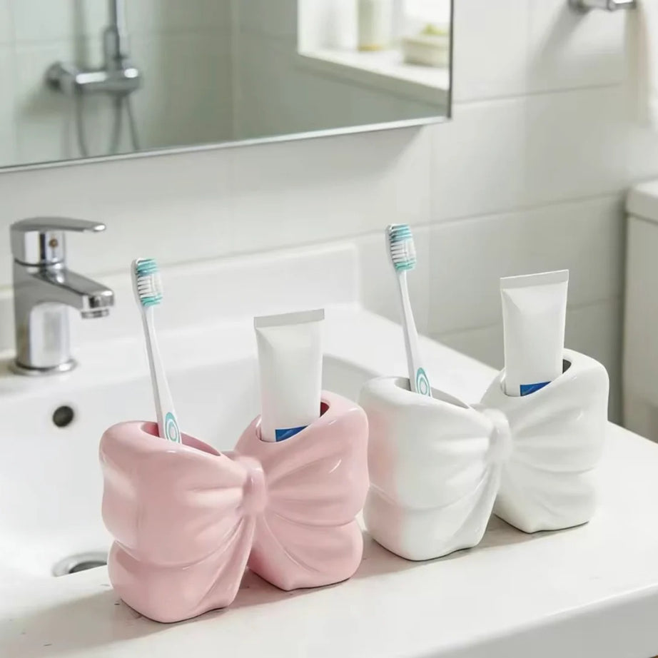 Elegant Bow Shape Ceramic Cosmetic Brush Organizer & Vanity Holder