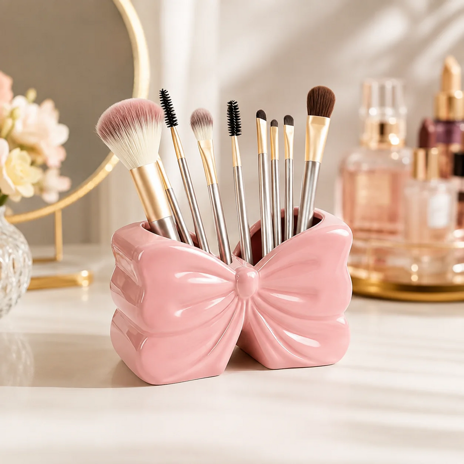 Elegant Bow Shape Ceramic Cosmetic Brush Organizer & Vanity Holder