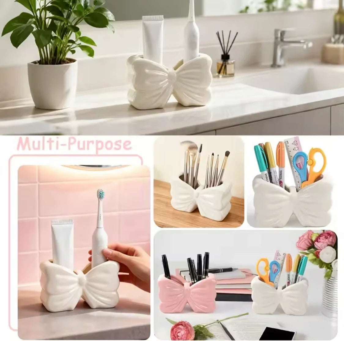 Elegant Bow Shape Ceramic Cosmetic Brush Organizer & Vanity Holder