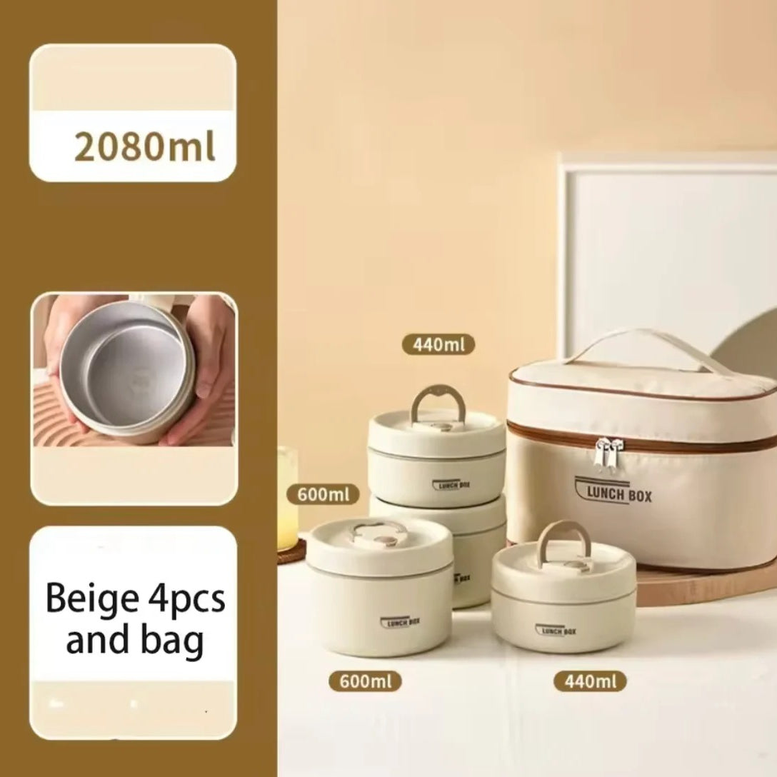 Japanese Style 4 Pcs Stainless Steel Insulated Lunch Box Set with Carry Bag