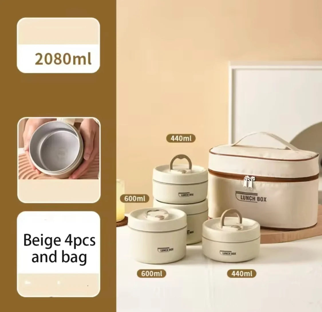 Japanese Style 4 Pcs Stainless Steel Insulated Lunch Box Set with Carry Bag