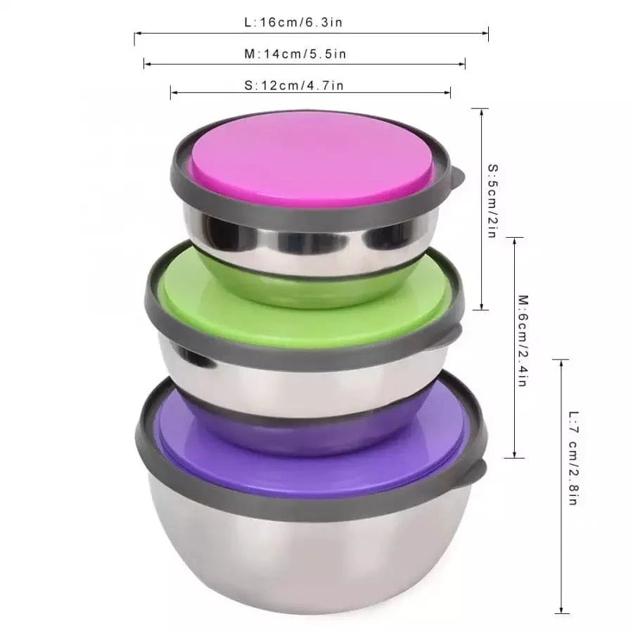 Stainless Steel Colourful 3-Piece Bowl Set with Lids – Food Storage Bowls