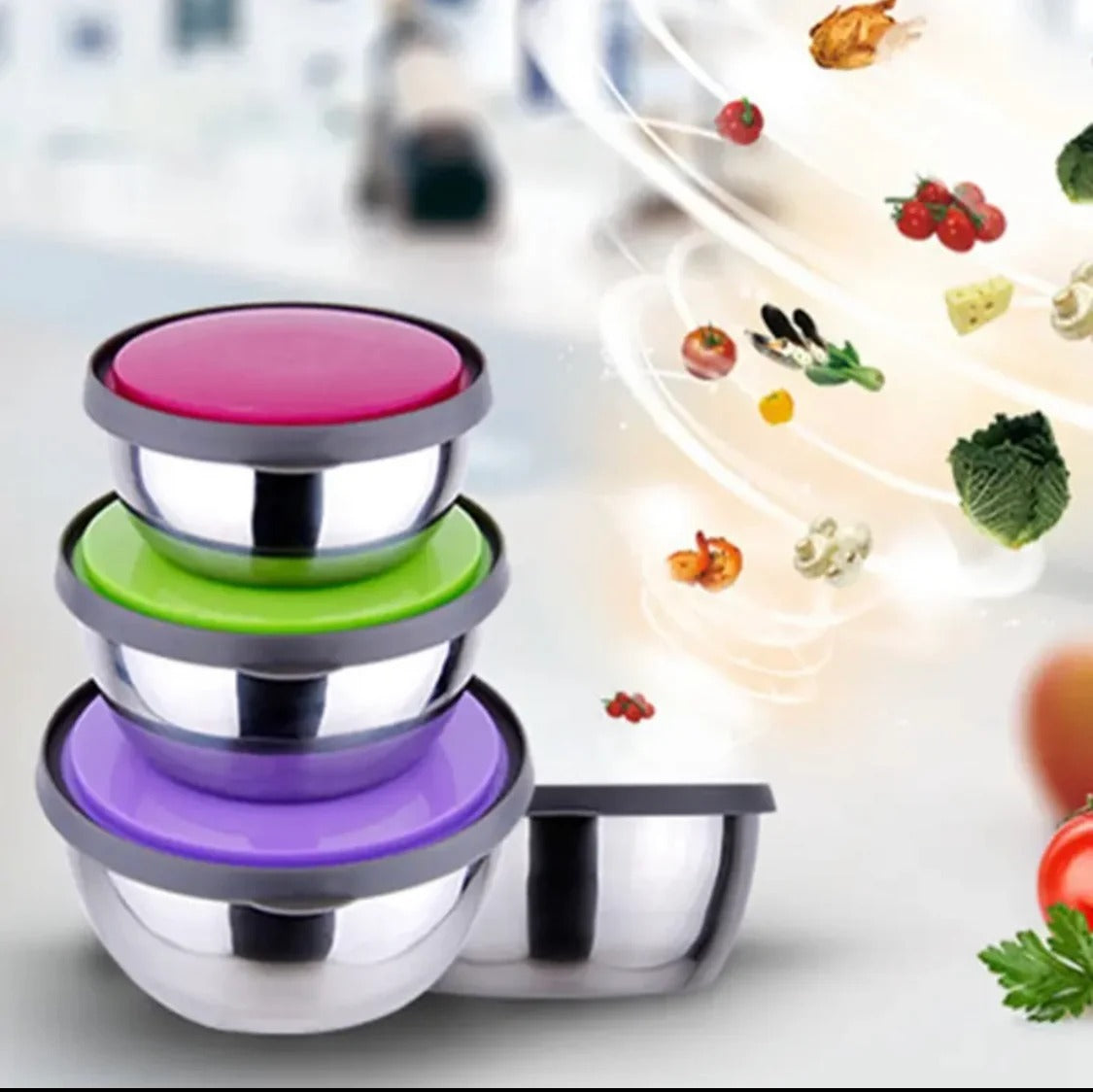 Stainless Steel Colourful 3-Piece Bowl Set with Lids – Food Storage Bowls