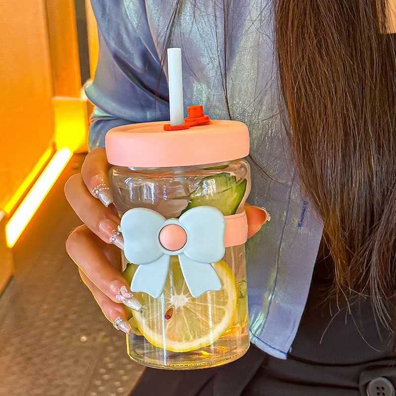 Bow Glass Cup with Straw & Lid – 480ml Cute Drinking Cup