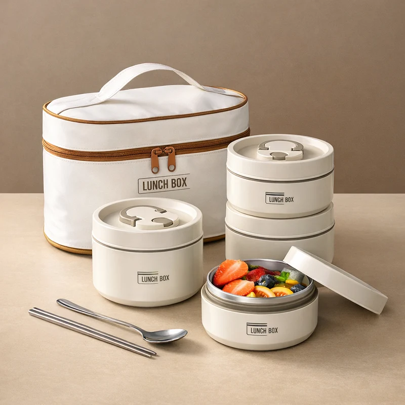 Japanese Style 4 Pcs Stainless Steel Insulated Lunch Box Set with Carry Bag