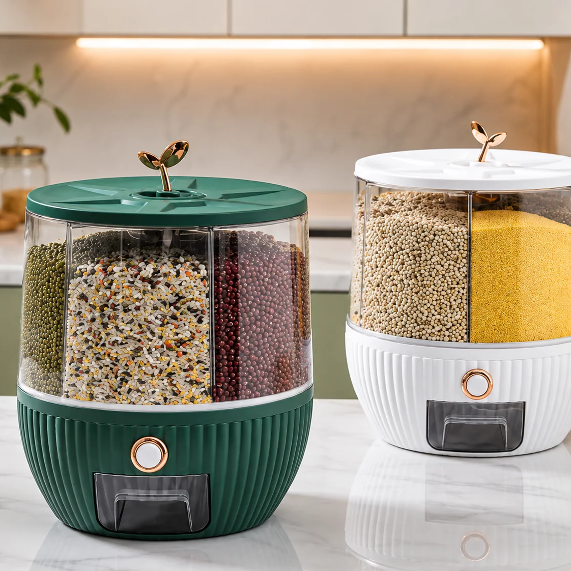 6-Grid 360° Rotating Grain & Rice Dispenser – Multi-Compartment Kitchen Storage