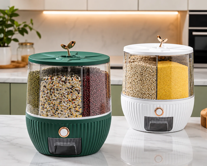 6-Grid 360° Rotating Grain & Rice Dispenser – Multi-Compartment Kitchen Storage