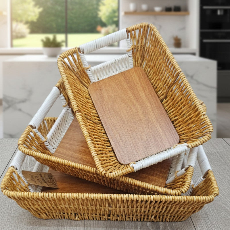 Set Of 3 Rectangular Rattan Basket Non Woven Imitation Bread Basket Fruit Basket