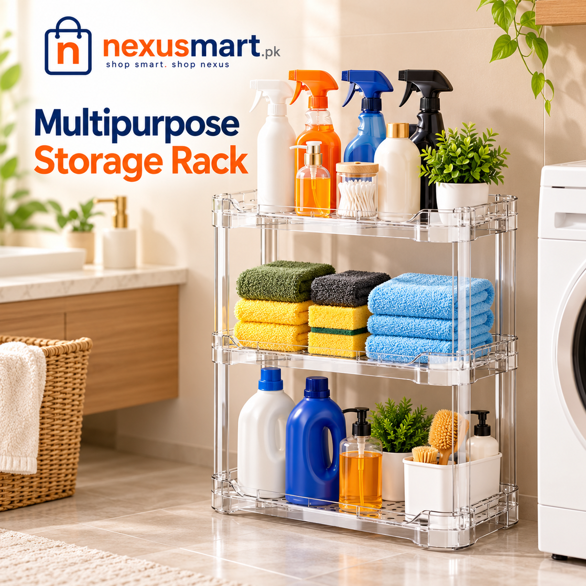 Three-tier acrylic storage organizer in laundry area with cleaning bottles and towels