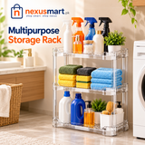 Three-tier acrylic storage organizer in laundry area with cleaning bottles and towels