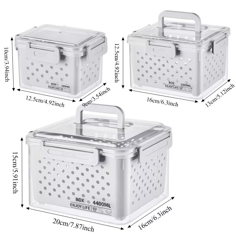 Three Fresh Box sizes 1000ml 2400ml and 4400ml with approximate dimensions