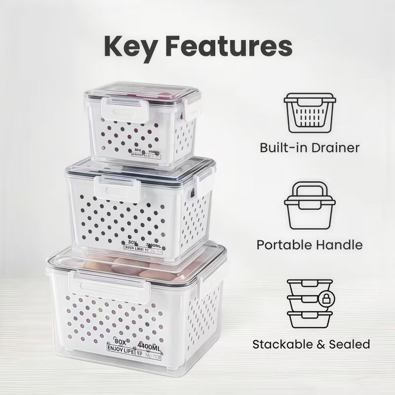 Fresh Box six-piece fridge storage containers with built-in drainers, carrying handles and stackable shape