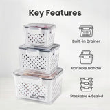 Fresh Box six-piece fridge storage containers with built-in drainers, carrying handles and stackable shape