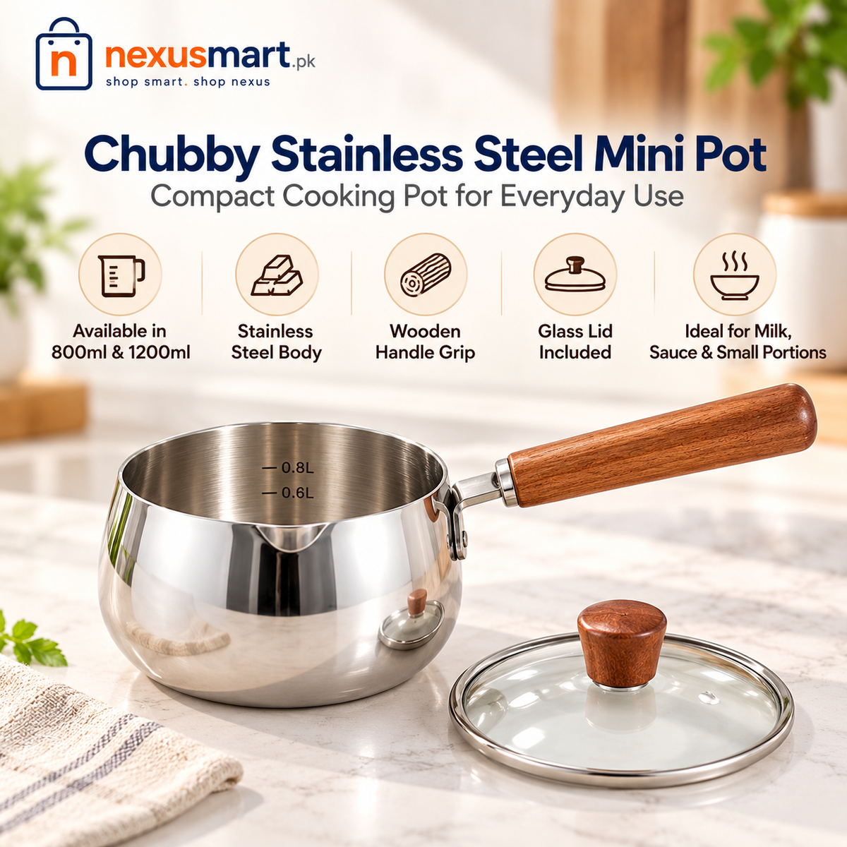 Chubby Stainless Steel Mini Pot 800ml and 1200ml – NexusMart.pk branded main image