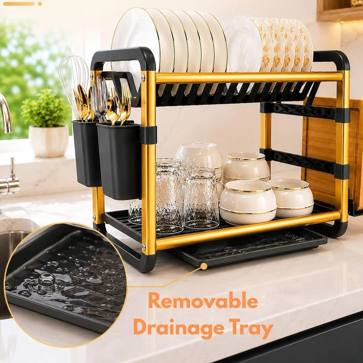 Golden and black aluminium 2 tier dish drying rack — frame and detachable utensil holders closeups