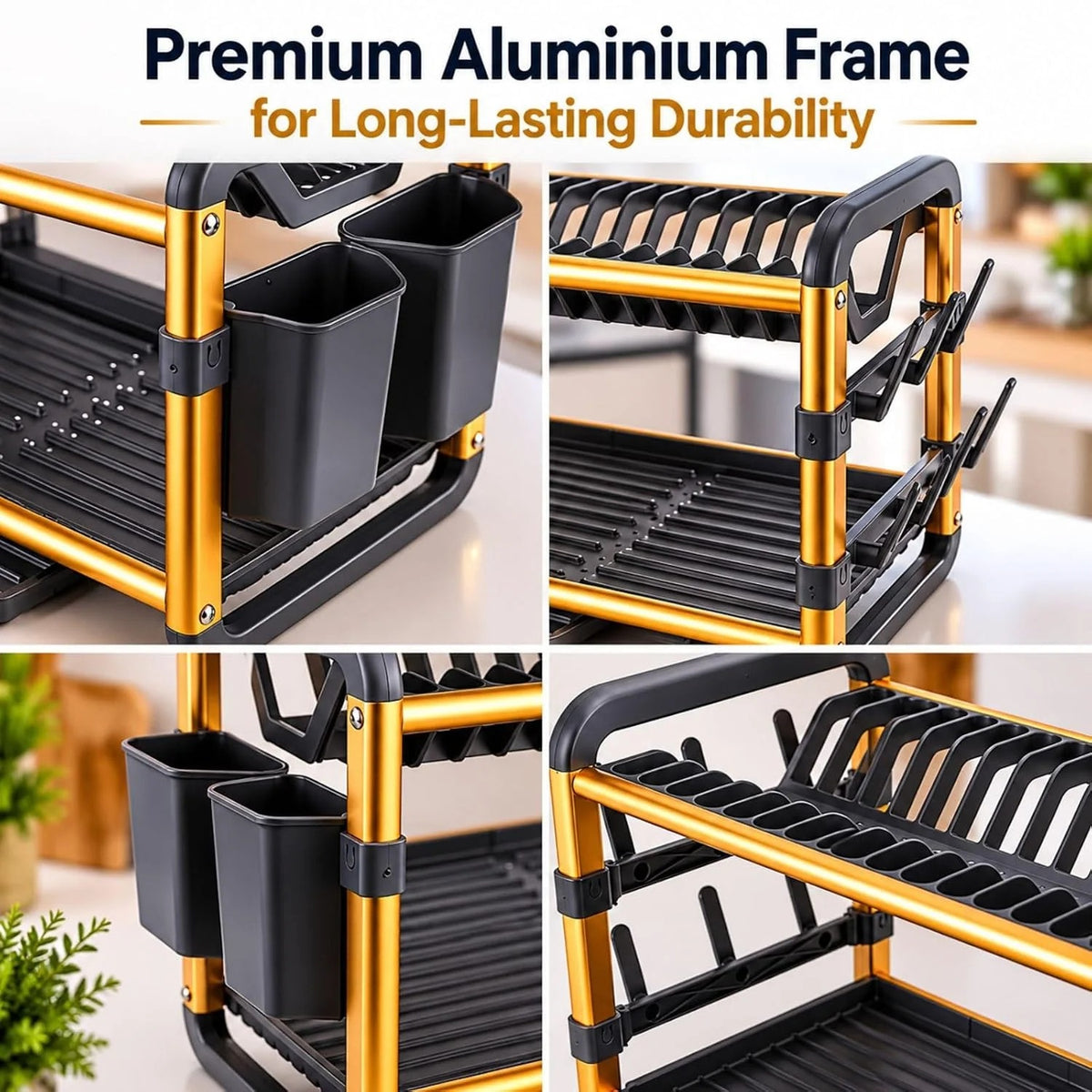 Rust resistant golden aluminium two tier rack closeup showing water droplets and utensil holder