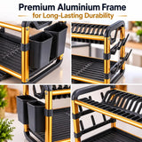 Rust resistant golden aluminium two tier rack closeup showing water droplets and utensil holder