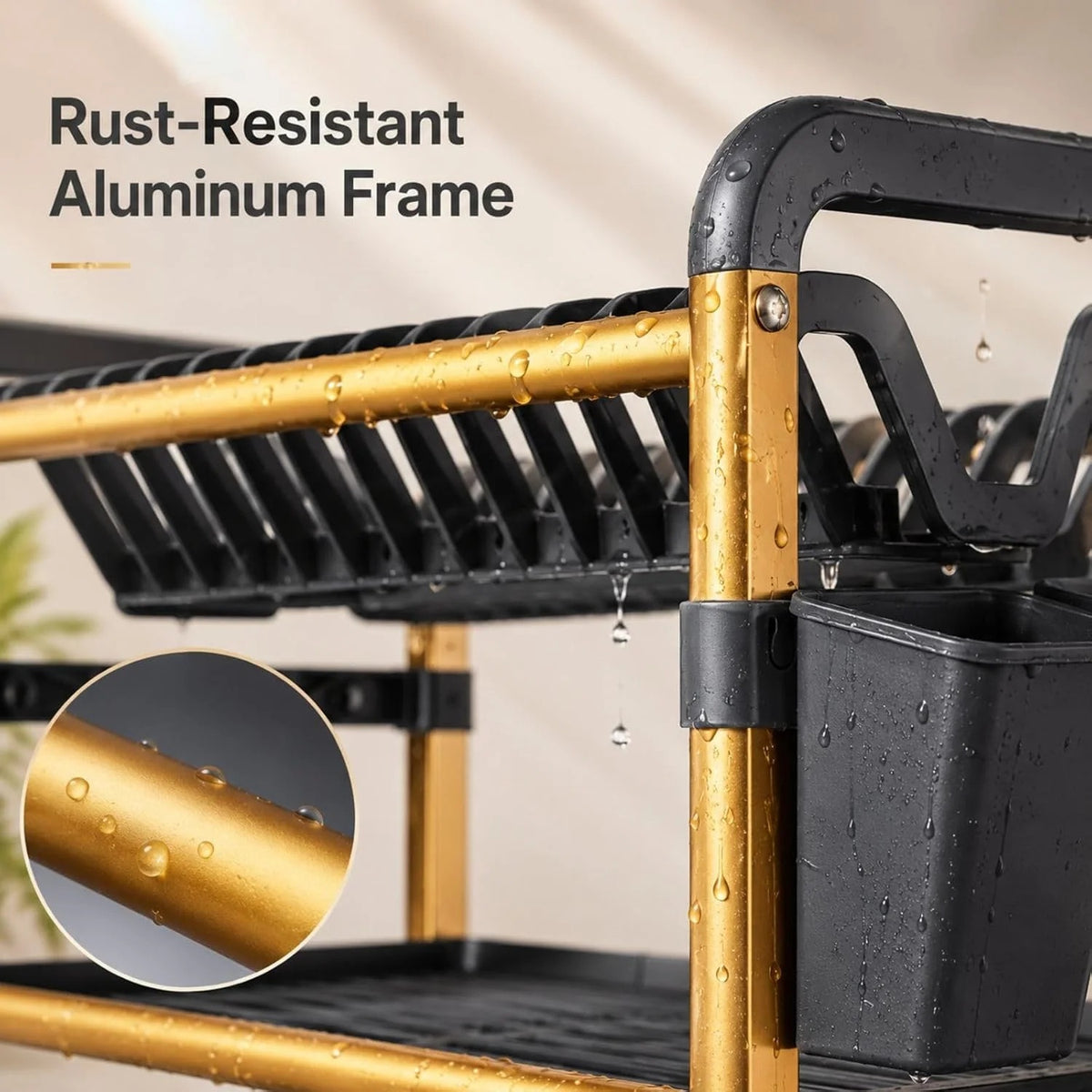 2 tier golden aluminium dish rack empty product on white background with black shelves and drip tray