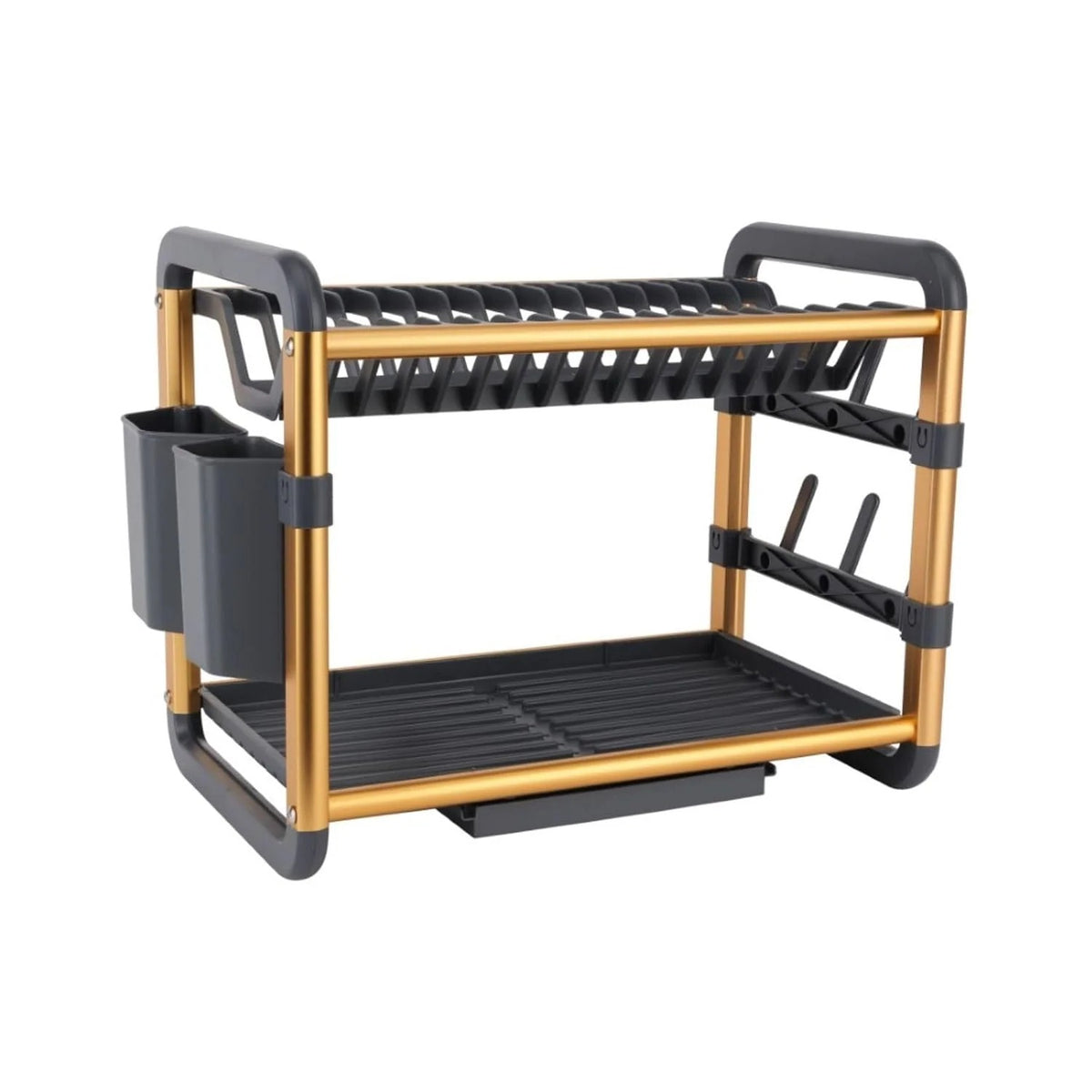 Golden aluminium dish drying rack showing dimensions approximately 60cm long, 25.4cm deep and 34cm tall