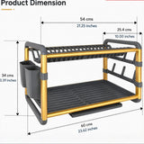 Golden black 2 tier dish rack holding dishes, cups, plates and utensils with removable drip tray