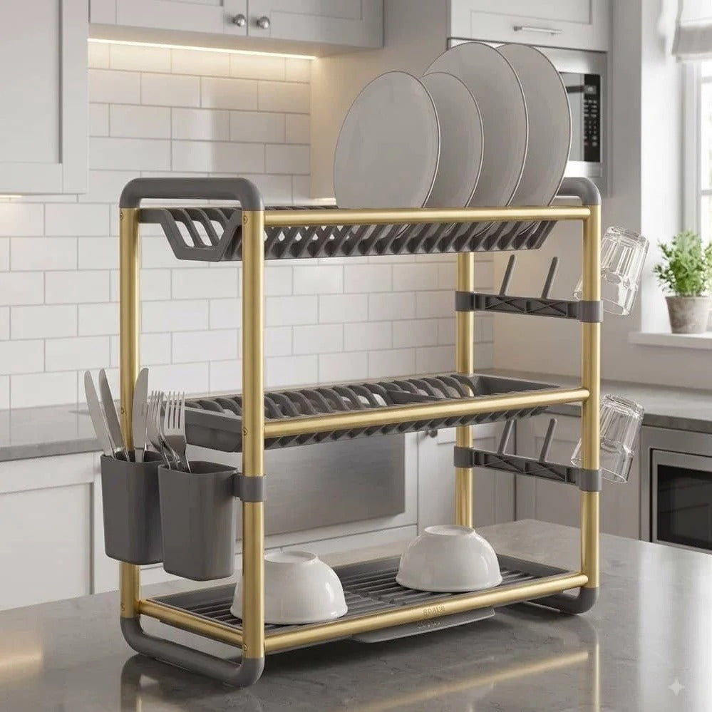 3-tier aluminium dish rack golden – product image on white background with hanging cup hooks and cutlery holder