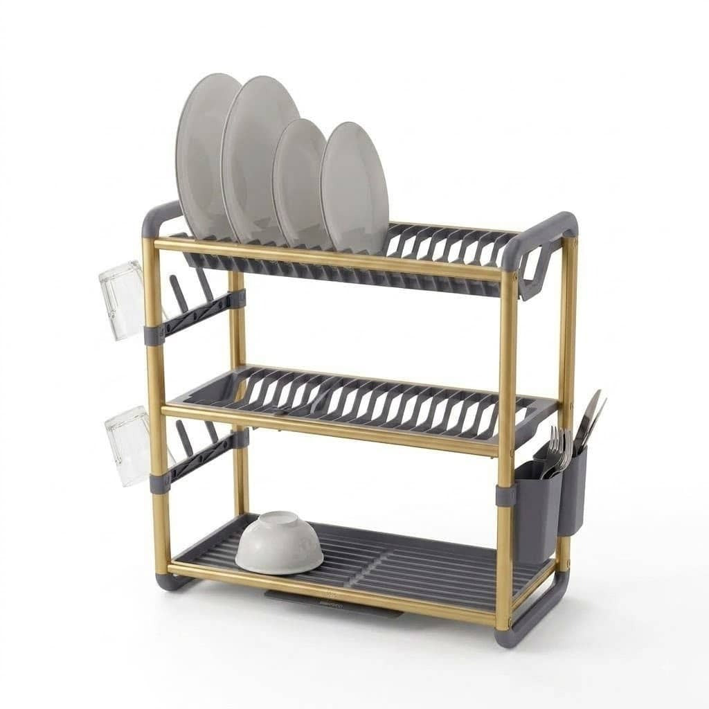 3-tier golden dish drying rack holding plates and bowls on kitchen countertop