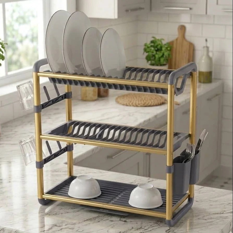 Three-level gold and charcoal aluminium dish drying rack with side cutlery holders and cup hooks