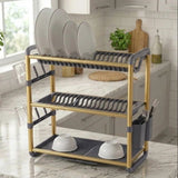 Three-level gold and charcoal aluminium dish drying rack with side cutlery holders and cup hooks