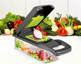 Vegetable slicer with interchangeable cutting attachments and drain basket – product features photo