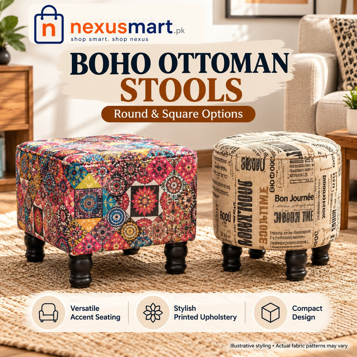 Boho Ottoman Stools Round and Square – NexusMart.pk premium branded concept image, short black wooden-look legs, patterns may vary