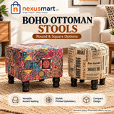Boho Ottoman Stools Round and Square – NexusMart.pk premium branded concept image, short black wooden-look legs, patterns may vary