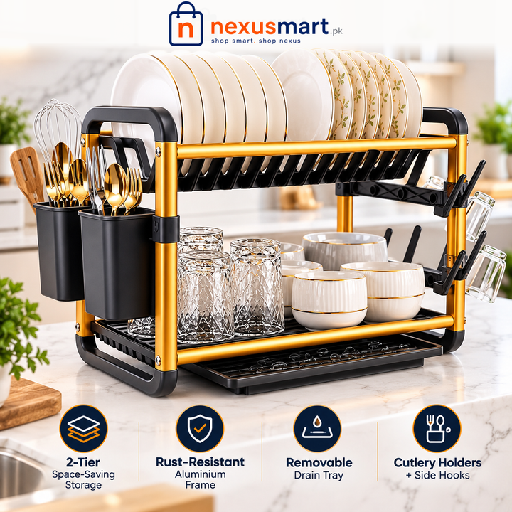 Premium 2-Tier Aluminium Dish Drying Rack – Golden & Black with Drain Tray