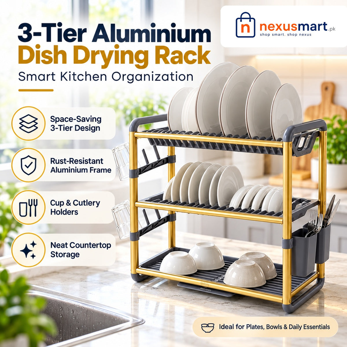 Premium 3-Tier Golden Aluminium Dish Drying Rack with official NexusMart.pk logo – space-saving design, rust-resistant frame and utensil holders