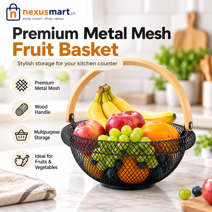 Premium Metal Mesh Fruit Basket with Wooden Handle – Round Kitchen Storage Basket