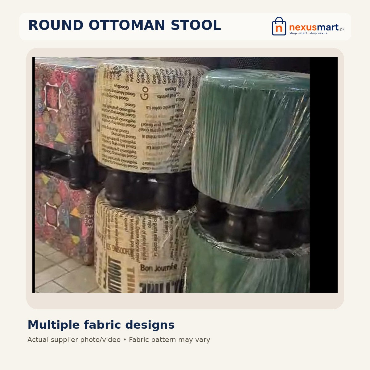Round Boho Ottoman – actual supplier image, various patterns including vintage print and green upholstery