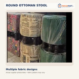 Round Boho Ottoman – actual supplier image, various patterns including vintage print and green upholstery