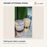 Round ottoman – green upholstery with dark legs, supplier video still